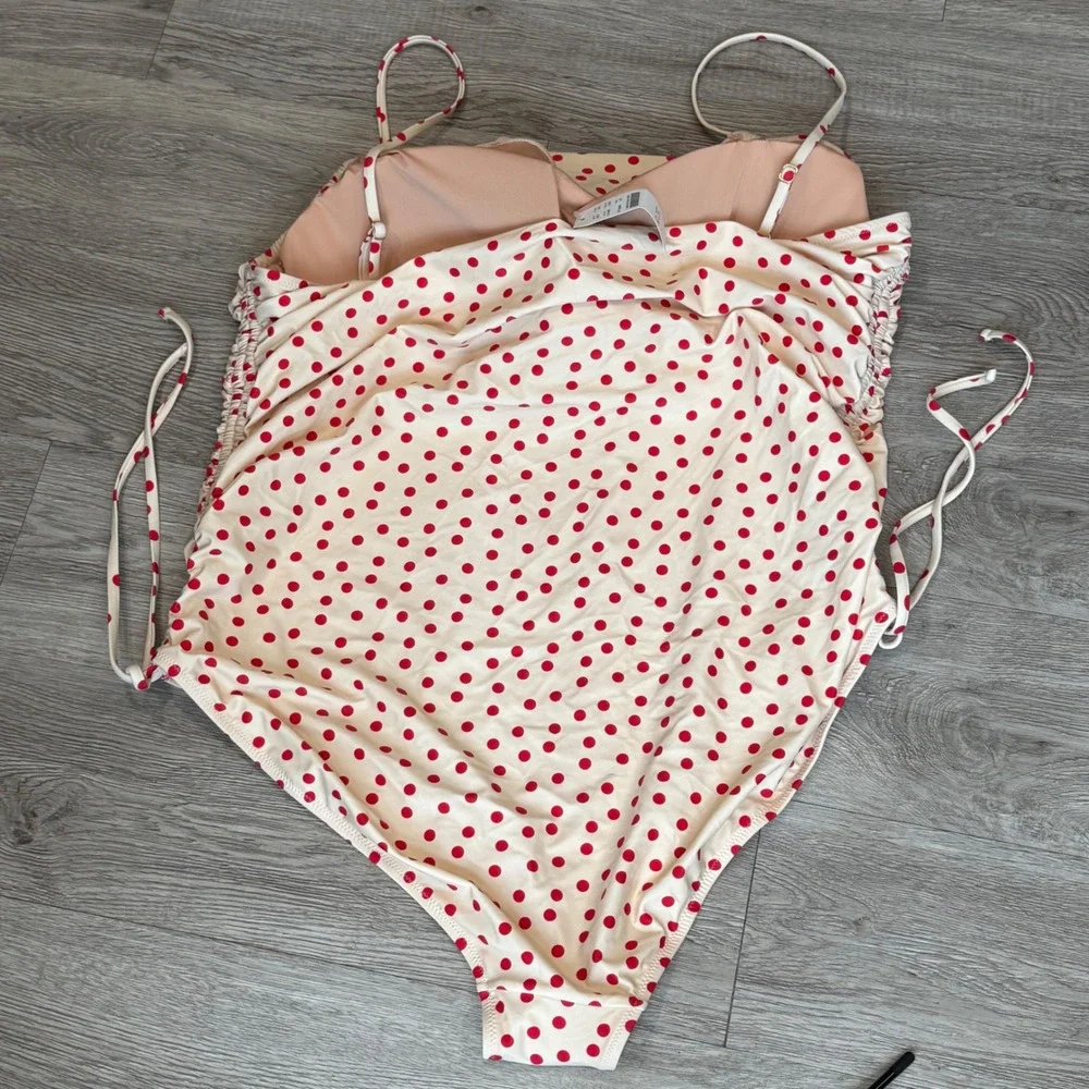J. Crew Womens Polka Dot Ruched One Piece Swimsuit Red Ivory CA483 Size 24 NEW